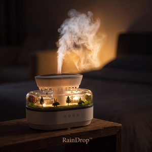 RainDrop Aroma Diffuser Humidifier with miniature landscape and rising mist