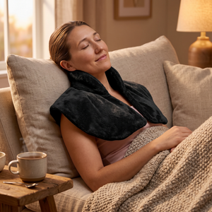 EmberWrap Heated Neck and Shoulder Wrap, relaxing on a couch