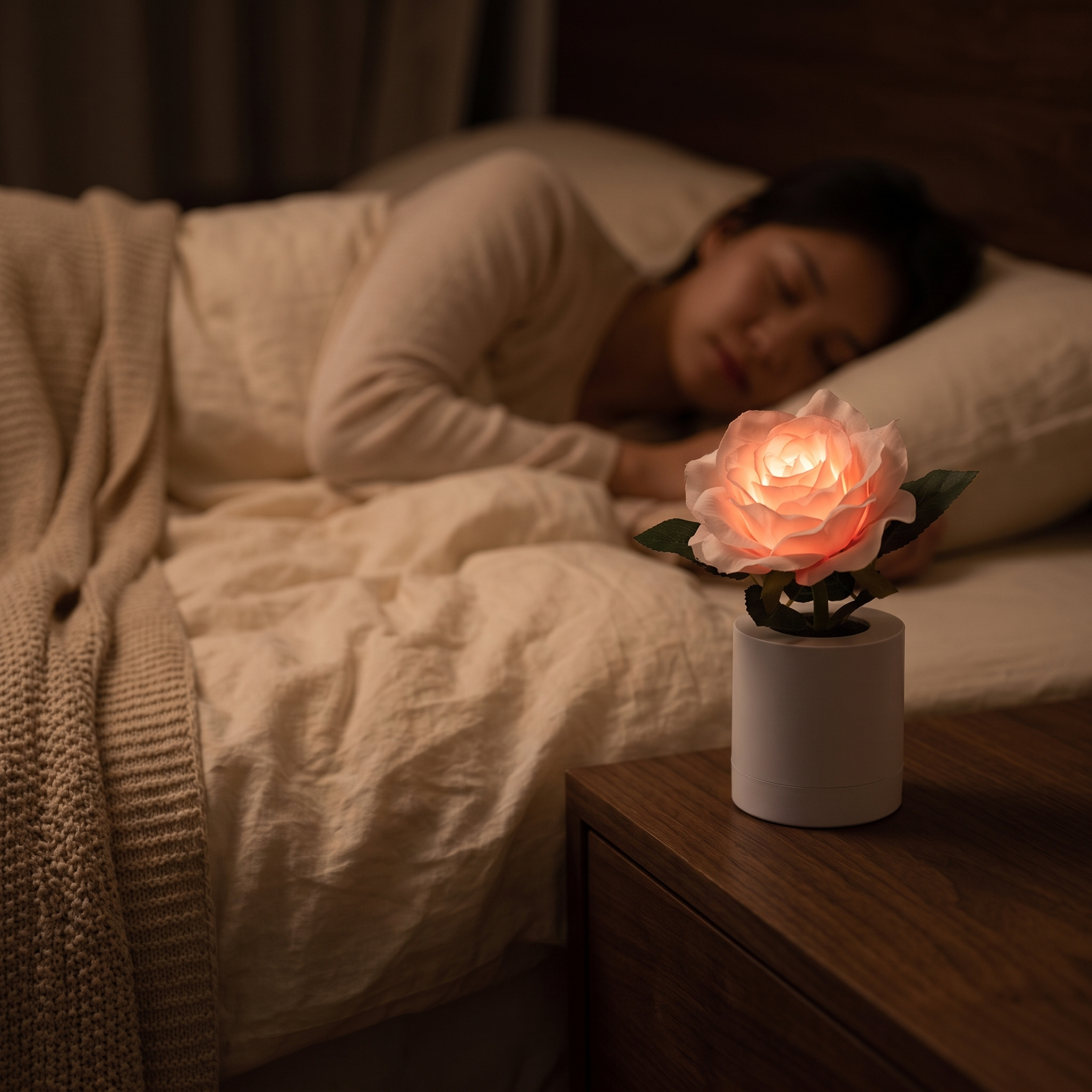 RoseLux LED Rose Night Light in a warm bedroom setting
